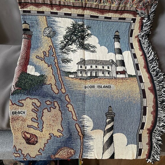 Lighthouses Of North Carolina Tapestry Throw Blanket With Coastal Design Fringed - Picture 3 of 4
